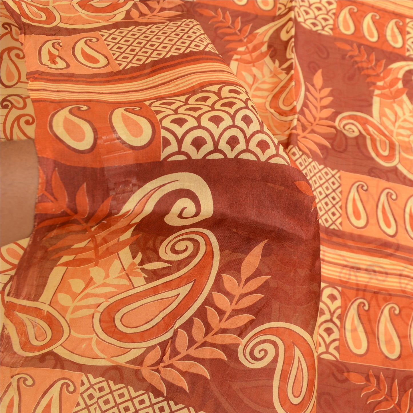 Sanskriti Vintage Sarees Beige 100% Pure Silk Printed Sari Floral Craft Sustainable Fabric