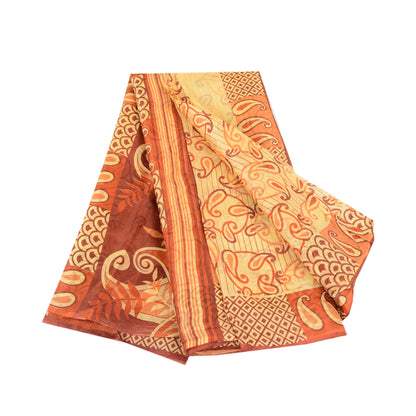 Sanskriti Vintage Sarees Beige 100% Pure Silk Printed Sari Floral Craft Sustainable Fabric