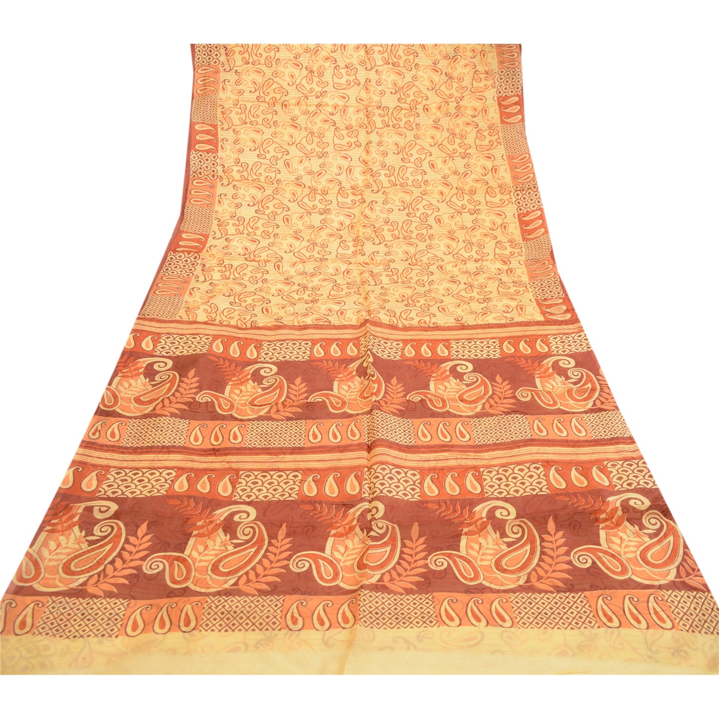 Sanskriti Vintage Sarees Beige 100% Pure Silk Printed Sari Floral Craft Sustainable Fabric