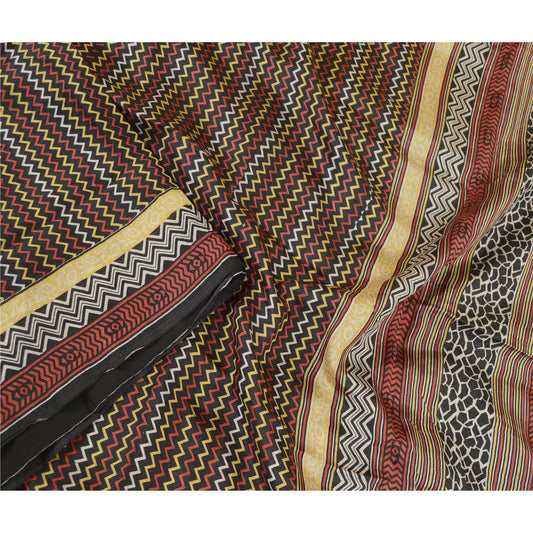Sanskriti Vintage Sarees Black 100% Pure Silk Printed Sari Soft 5yd Craft Sustainable Fabric