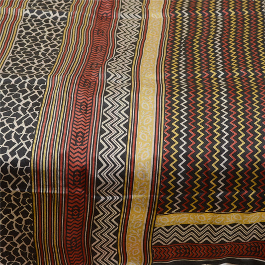 Sanskriti Vintage Sarees Black 100% Pure Silk Printed Sari Soft 5yd Craft Sustainable Fabric