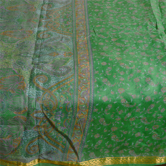 Sanskriti Vintage Sarees Green Pure Silk Printed Zari Border Sari Craft Sustainable Fabric