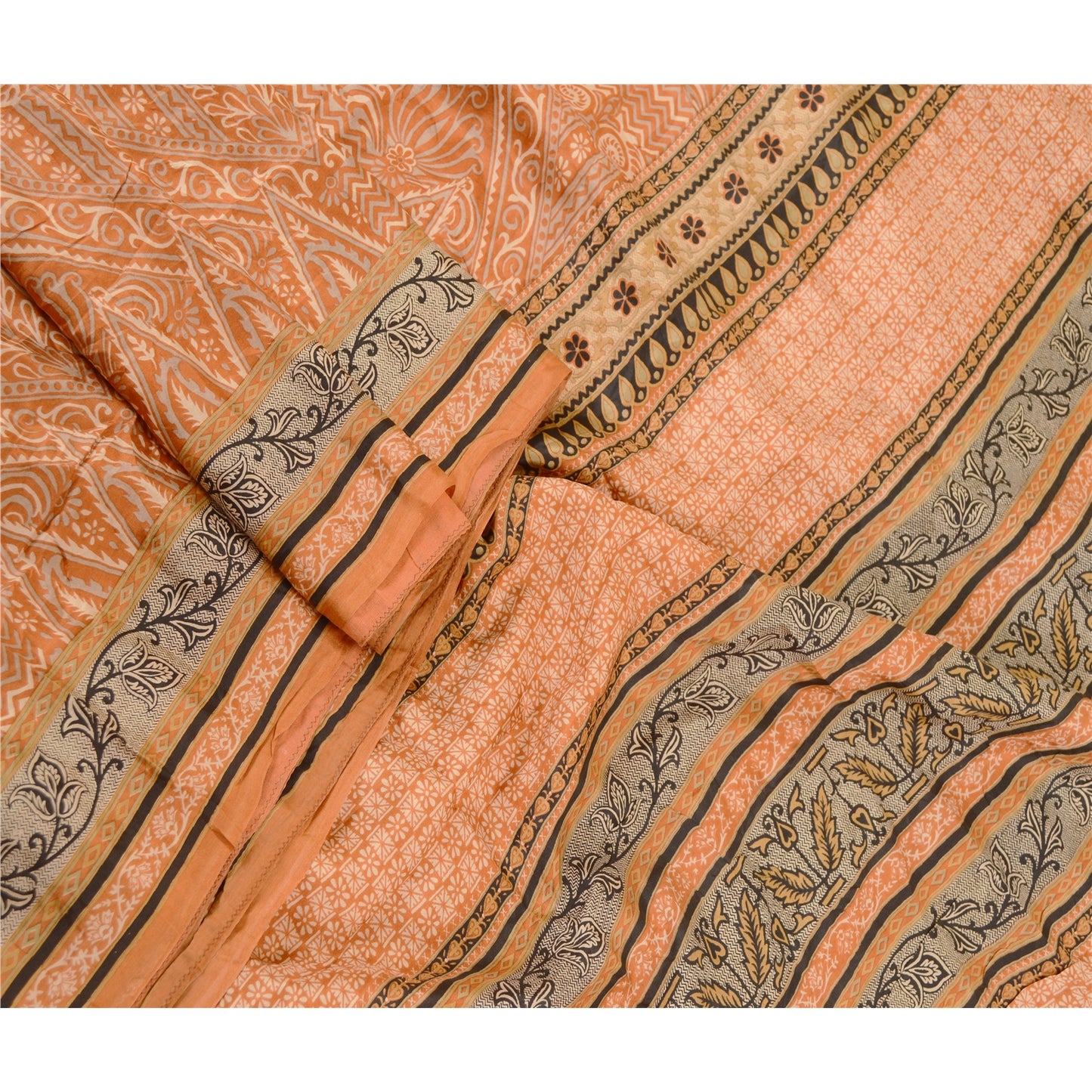 Sanskriti Vintage Sarees Orange Pure Silk Printed Sari Floral Soft Craft Sustainable Fabric