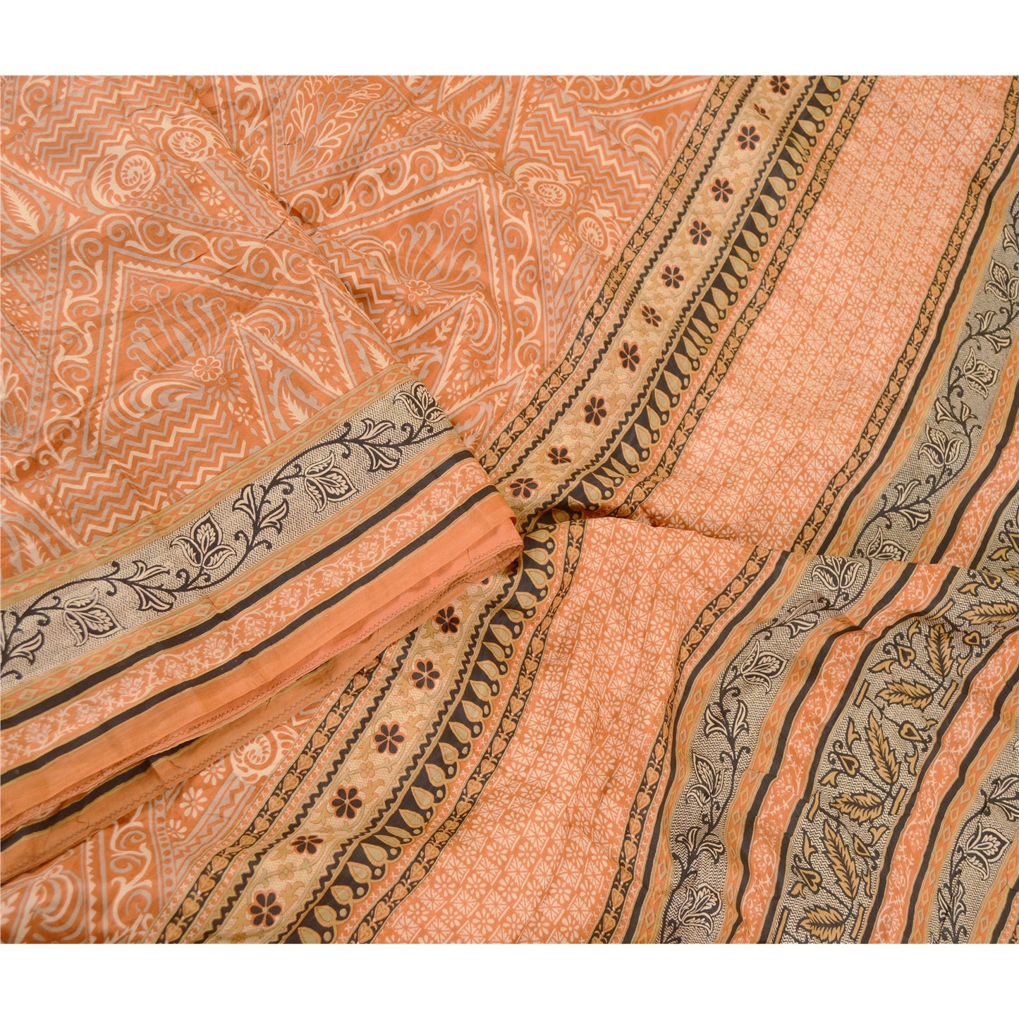 Sanskriti Vintage Sarees Orange Pure Silk Printed Sari Floral Soft Craft Sustainable Fabric