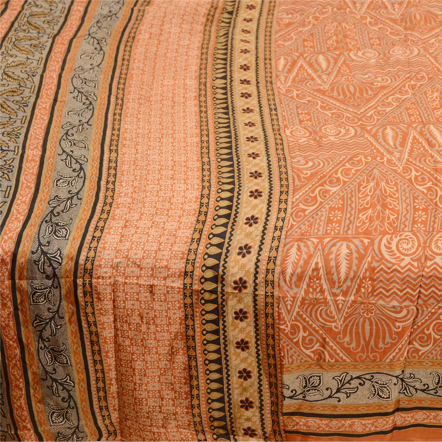 Sanskriti Vintage Sarees Orange Pure Silk Printed Sari Floral Soft Craft Sustainable Fabric