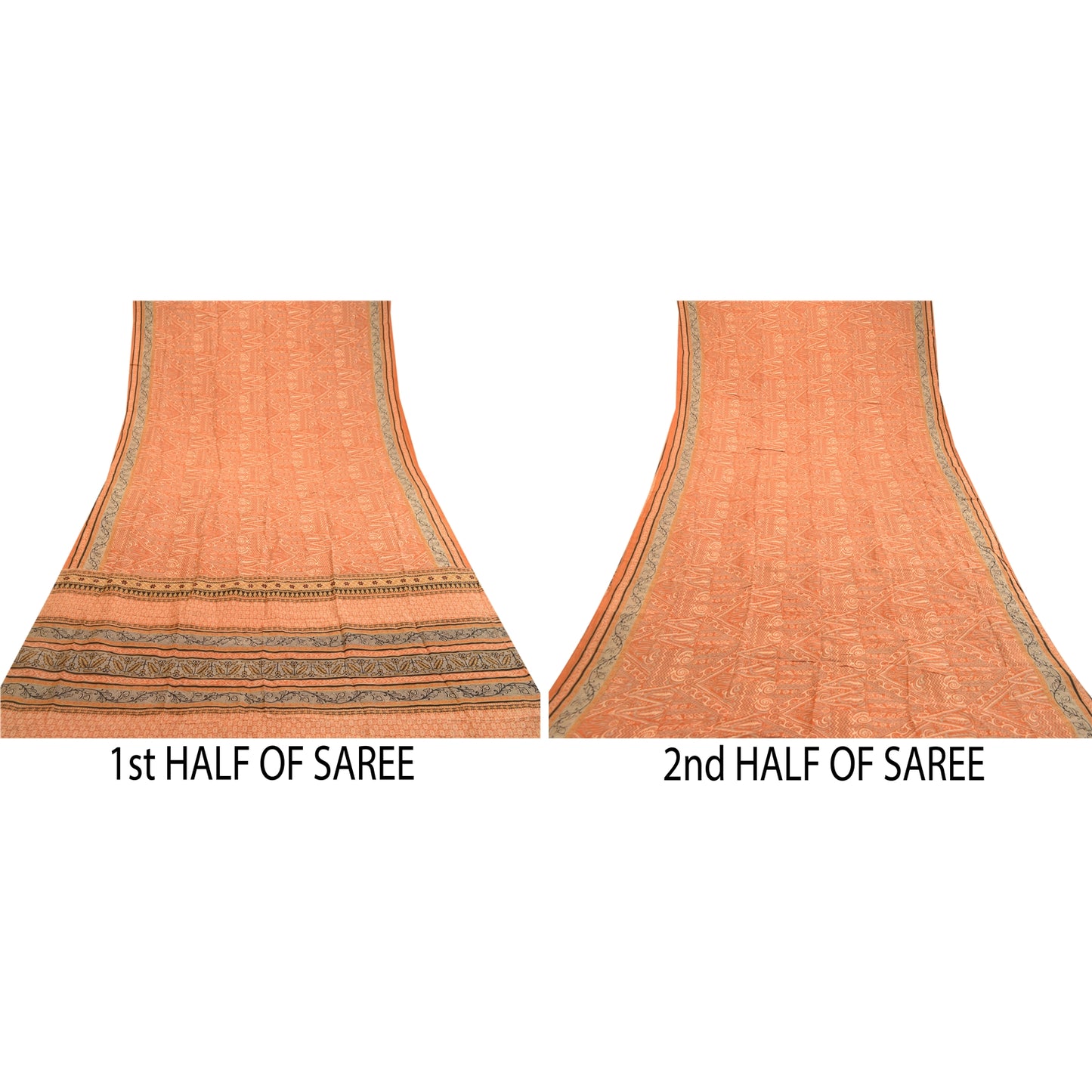 Sanskriti Vintage Sarees Orange Pure Silk Printed Sari Floral Soft Craft Sustainable Fabric