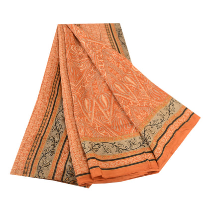 Sanskriti Vintage Sarees Orange Pure Silk Printed Sari Floral Soft Craft Sustainable Fabric