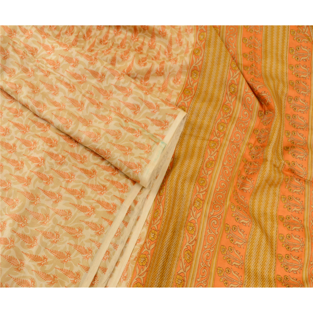 Sanskriti Vintage Sarees Cream 100% Pure Silk Printed Sari Floral Craft Sustainable Fabric