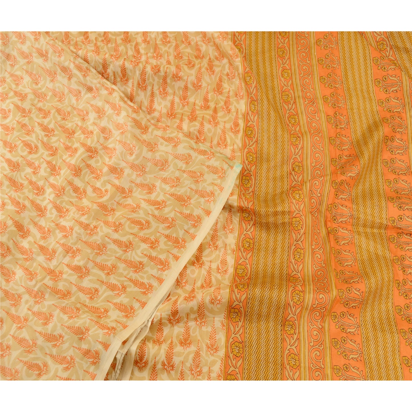 Sanskriti Vintage Sarees Cream 100% Pure Silk Printed Sari Floral Craft Sustainable Fabric