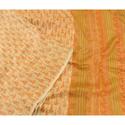 Sanskriti Vintage Sarees Cream 100% Pure Silk Printed Sari Floral Craft Sustainable Fabric