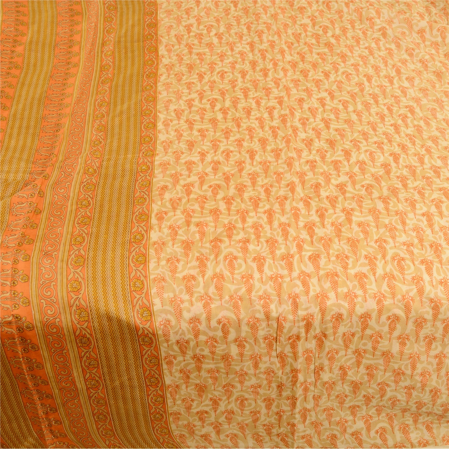 Sanskriti Vintage Sarees Cream 100% Pure Silk Printed Sari Floral Craft Sustainable Fabric