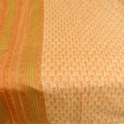 Sanskriti Vintage Sarees Cream 100% Pure Silk Printed Sari Floral Craft Sustainable Fabric