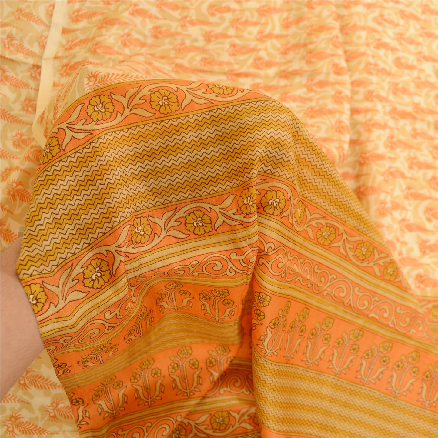 Sanskriti Vintage Sarees Cream 100% Pure Silk Printed Sari Floral Craft Sustainable Fabric