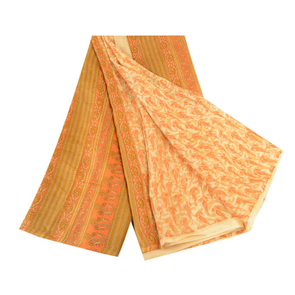 Sanskriti Vintage Sarees Cream 100% Pure Silk Printed Sari Floral Craft Sustainable Fabric