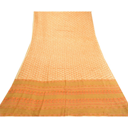 Sanskriti Vintage Sarees Cream 100% Pure Silk Printed Sari Floral Craft Sustainable Fabric