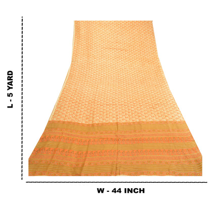 Sanskriti Vintage Sarees Cream 100% Pure Silk Printed Sari Floral Craft Sustainable Fabric