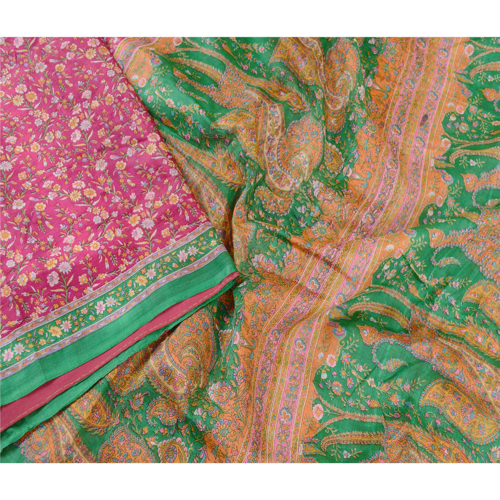 Sanskriti Vintage Sarees Hot Pink 100% Pure Silk Printed Sari Soft Craft Sustainable Fabric