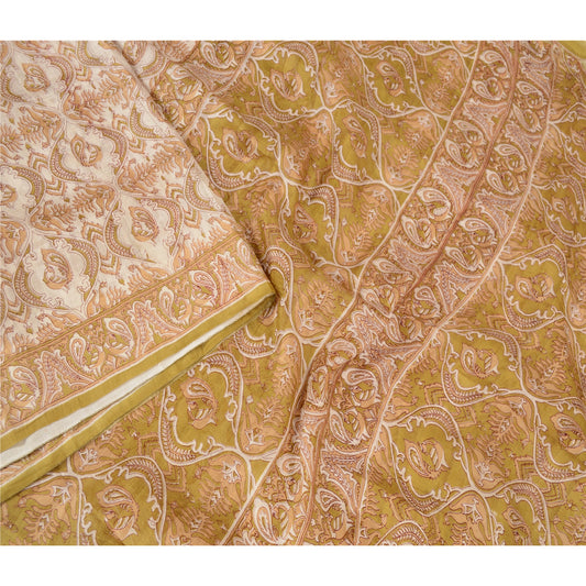 Sanskriti Vintage Sarees Ivory 100% Pure Silk Printed Sari Floral Craft Sustainable Fabric