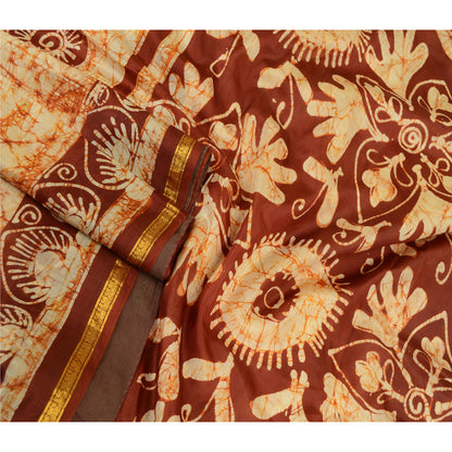 Sanskriti Vintage Sarees Cream 100% Pure Silk Batik Printed Sari Craft Sustainable Fabric