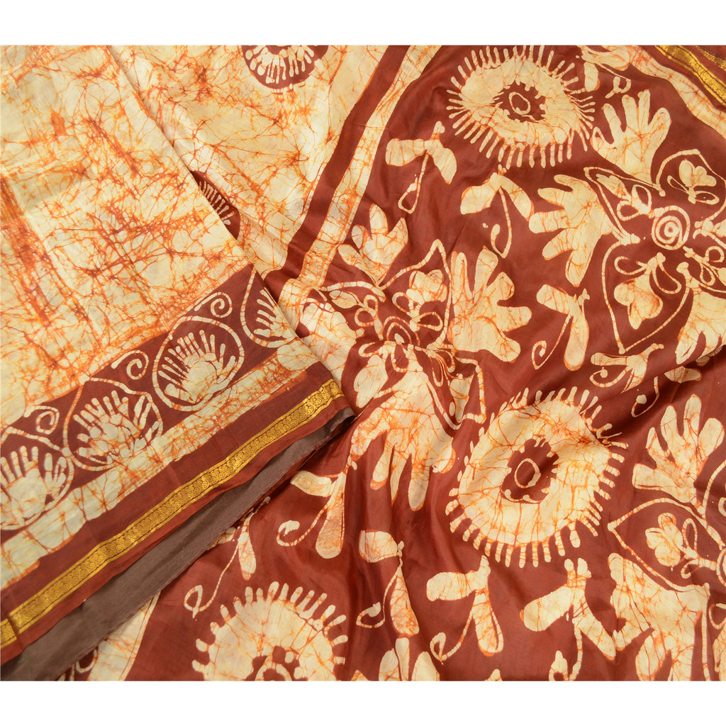 Sanskriti Vintage Sarees Cream 100% Pure Silk Batik Printed Sari Craft Sustainable Fabric