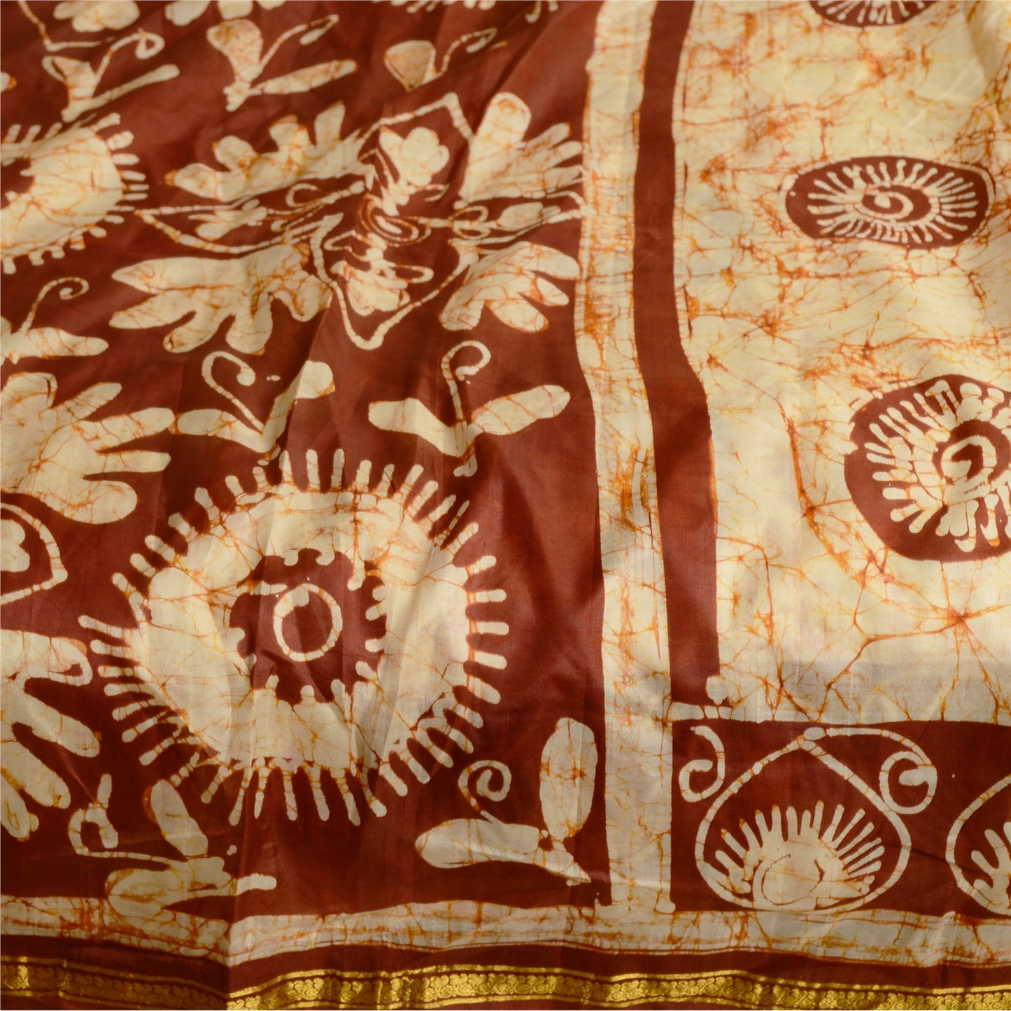 Sanskriti Vintage Sarees Cream 100% Pure Silk Batik Printed Sari Craft Sustainable Fabric