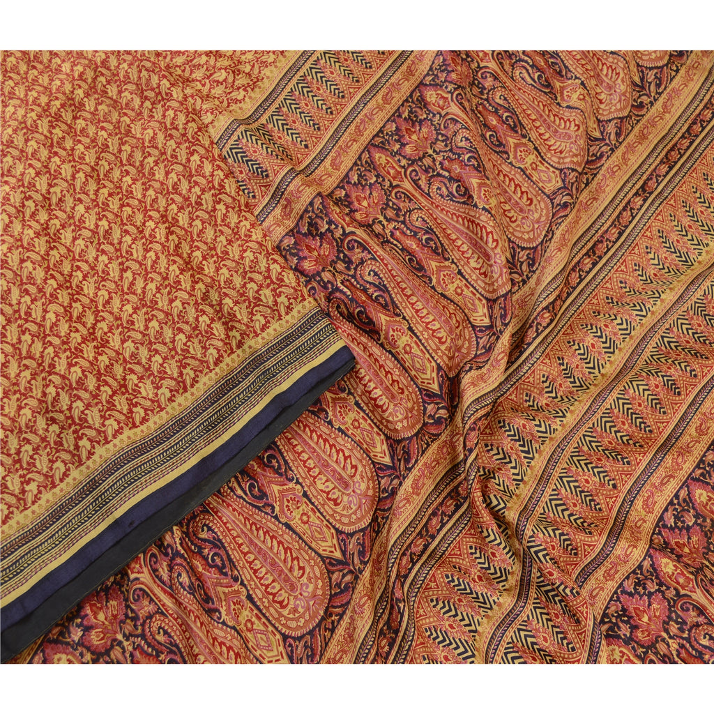 Sanskriti Vintage Sarees Red Pure Silk Printed Sari Floral Soft 5yd Craft Sustainable Fabric