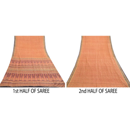 Sanskriti Vintage Sarees Red Pure Silk Printed Sari Floral Soft 5yd Craft Sustainable Fabric