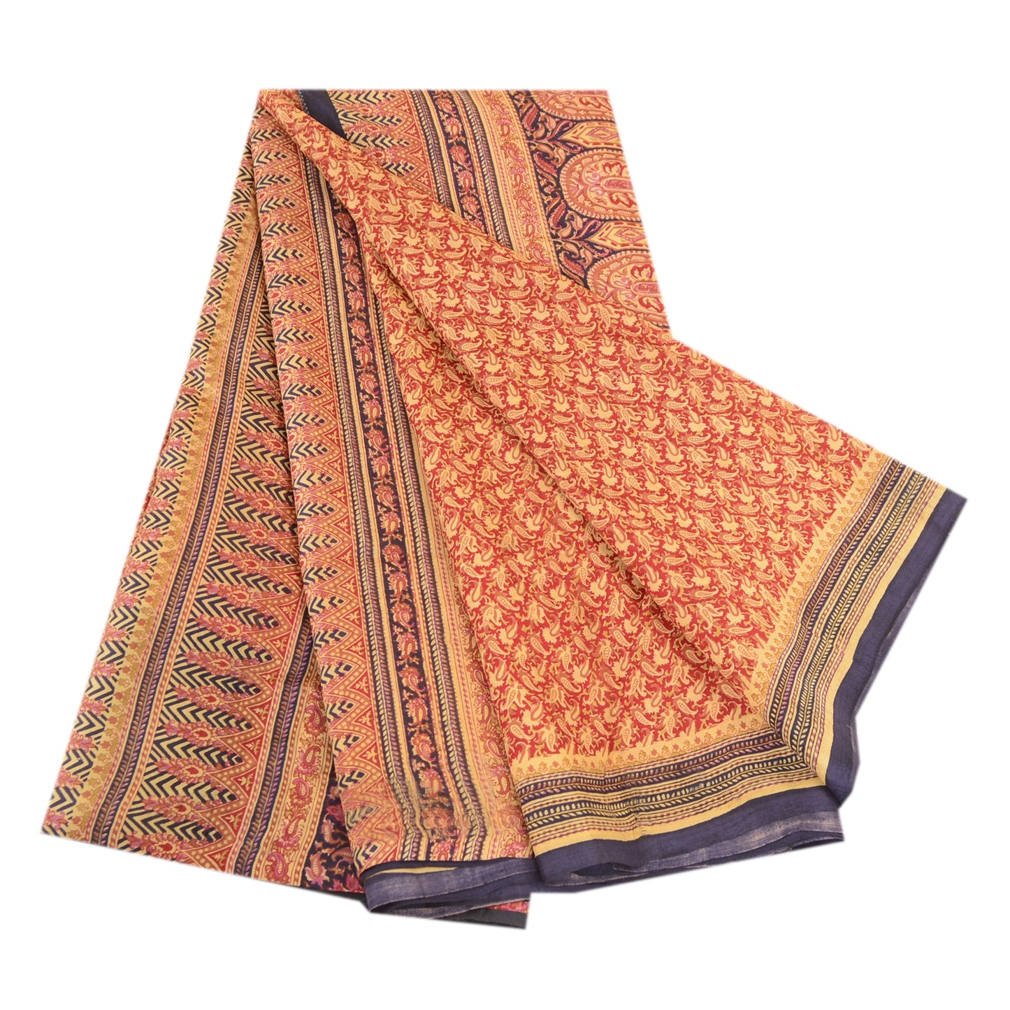 Sanskriti Vintage Sarees Red Pure Silk Printed Sari Floral Soft 5yd Craft Sustainable Fabric