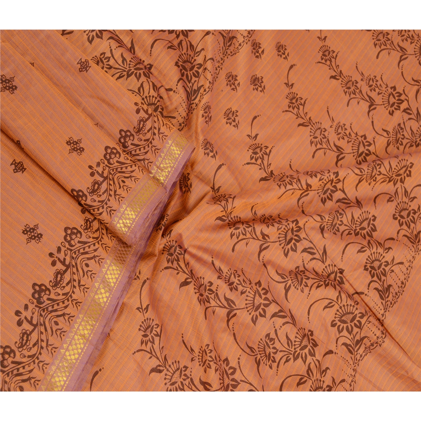 Sanskriti Vintage Sarees Brown Blend Silk Printed Woven Sari 5yd Craft Sustainable Fabric