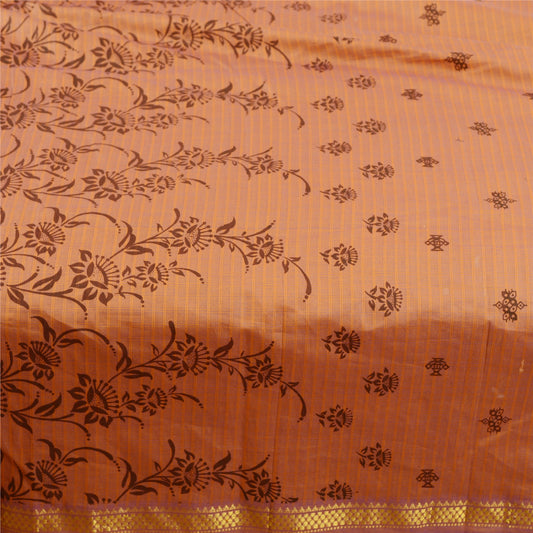 Sanskriti Vintage Sarees Brown Blend Silk Printed Woven Sari 5yd Craft Sustainable Fabric