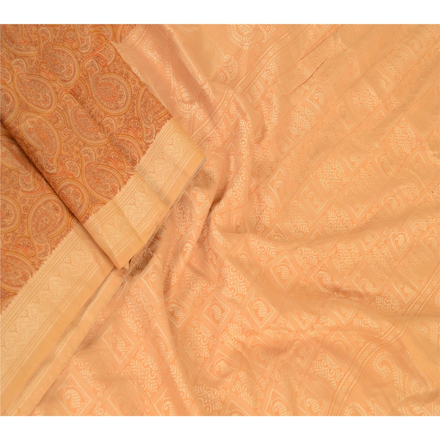 Sanskriti Vintage Sarees Caramel Pure Silk Printed Woven Sari 5yd Craft Sustainable Fabric