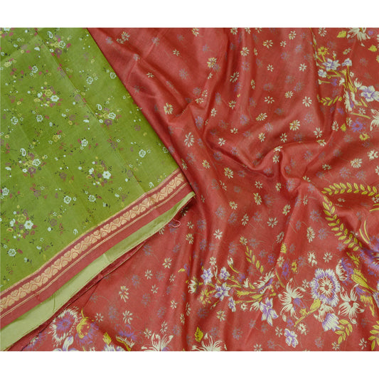 Sanskriti Vintage Sarees Green Pure Silk Printed Zari Border Sari Craft Sustainable Fabric