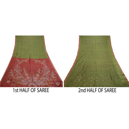 Sanskriti Vintage Sarees Green Pure Silk Printed Zari Border Sari Craft Sustainable Fabric