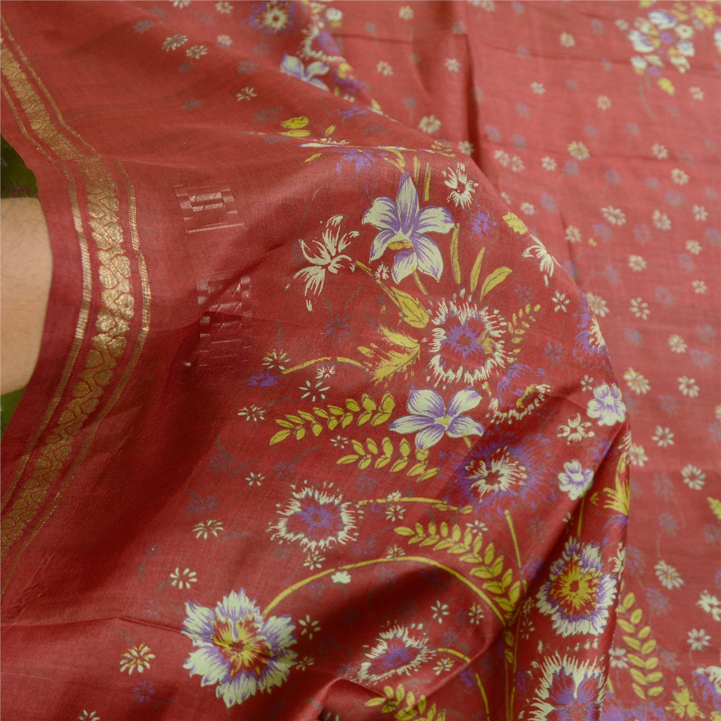 Sanskriti Vintage Sarees Green Pure Silk Printed Zari Border Sari Craft Sustainable Fabric