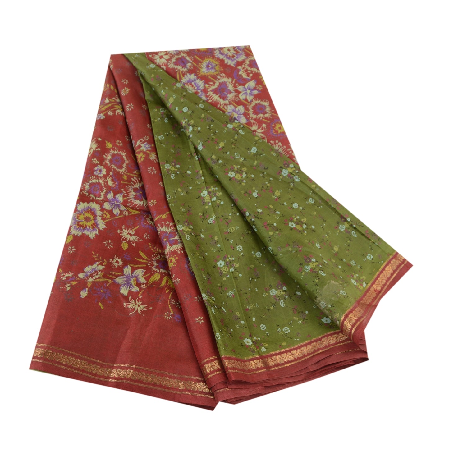 Sanskriti Vintage Sarees Green Pure Silk Printed Zari Border Sari Craft Sustainable Fabric