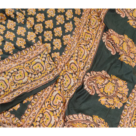 Sanskriti Vintage Sarees Indian Green Pure Silk Printed Sari Floral Craft Sustainable Fabric