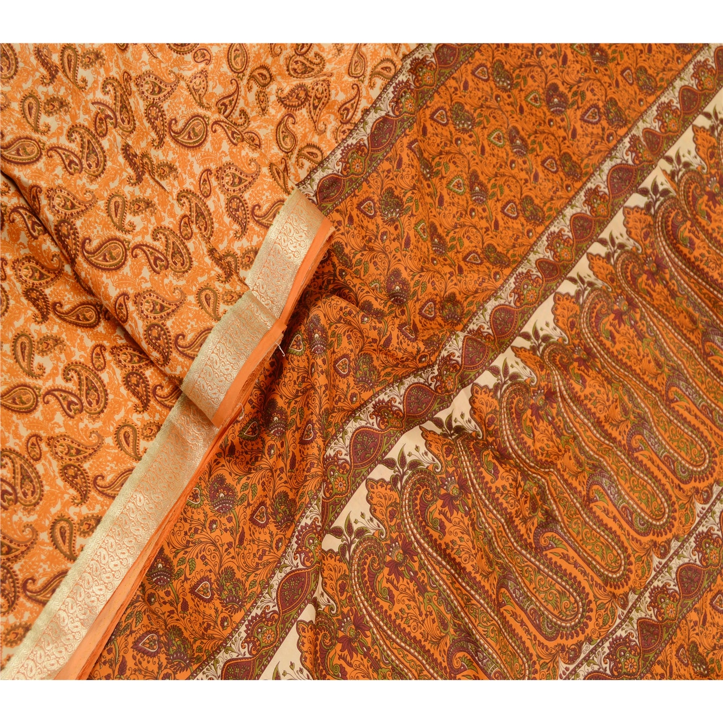 Sanskriti Vintage Sarees Orange Pure Silk Printed Zari Border Sari Craft Sustainable Fabric
