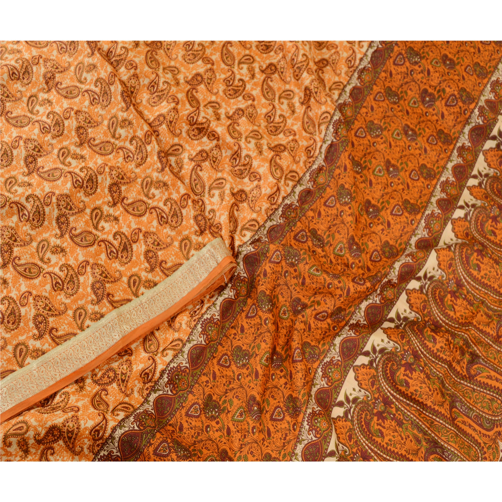 Sanskriti Vintage Sarees Orange Pure Silk Printed Zari Border Sari Craft Sustainable Fabric