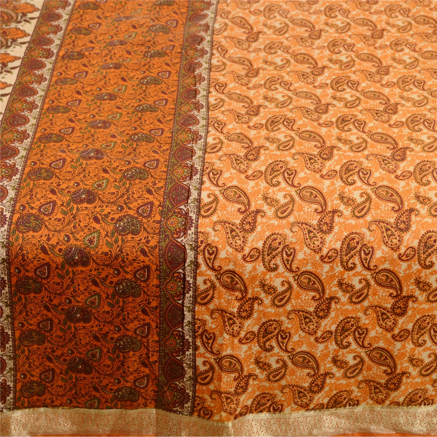 Sanskriti Vintage Sarees Orange Pure Silk Printed Zari Border Sari Craft Sustainable Fabric
