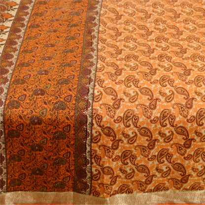 Sanskriti Vintage Sarees Orange Pure Silk Printed Zari Border Sari Craft Sustainable Fabric