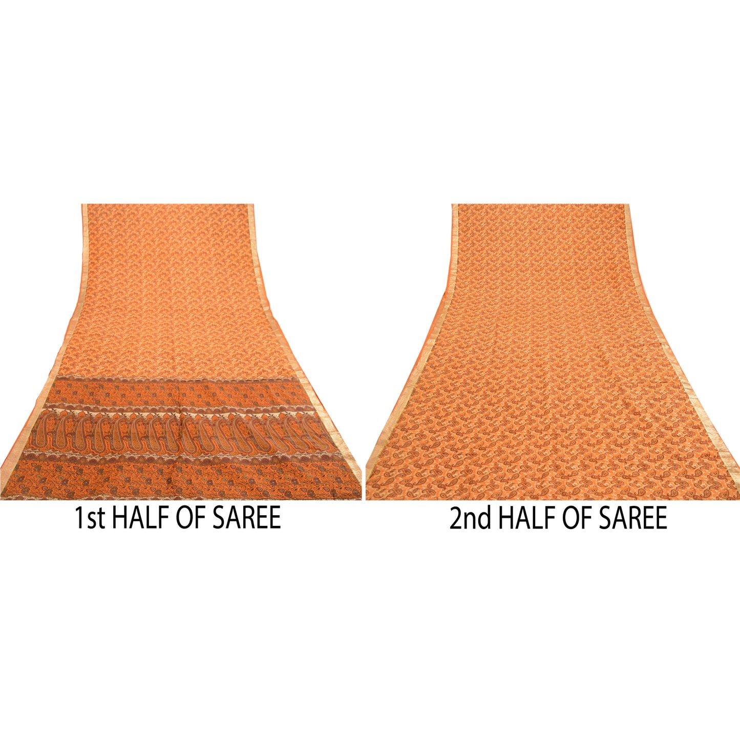 Sanskriti Vintage Sarees Orange Pure Silk Printed Zari Border Sari Craft Sustainable Fabric
