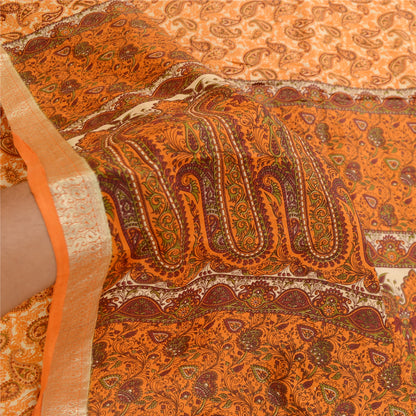 Sanskriti Vintage Sarees Orange Pure Silk Printed Zari Border Sari Craft Sustainable Fabric