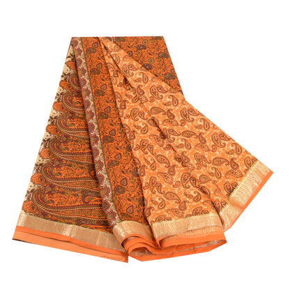 Sanskriti Vintage Sarees Orange Pure Silk Printed Zari Border Sari Craft Sustainable Fabric