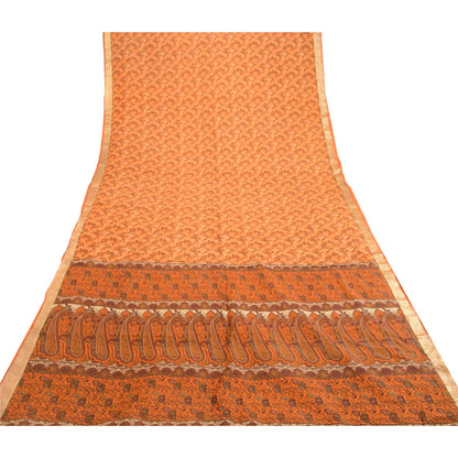 Sanskriti Vintage Sarees Orange Pure Silk Printed Zari Border Sari Craft Sustainable Fabric