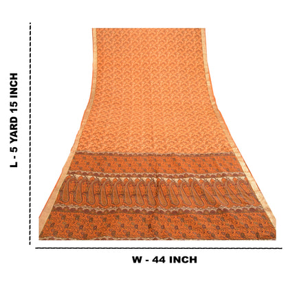 Sanskriti Vintage Sarees Orange Pure Silk Printed Zari Border Sari Craft Sustainable Fabric