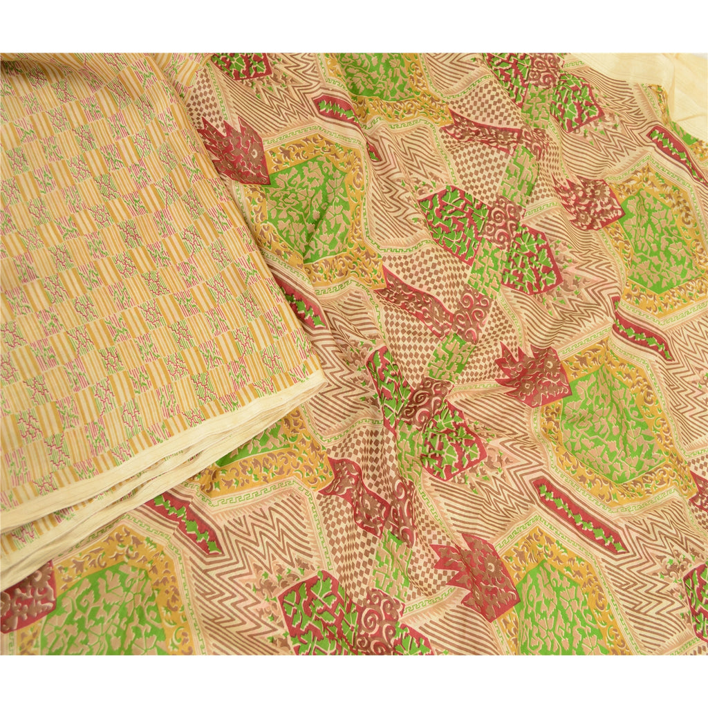 Sanskriti Vintage Sarees Indian Cream 100% Pure Silk Printed Sari Craft Sustainable Fabric