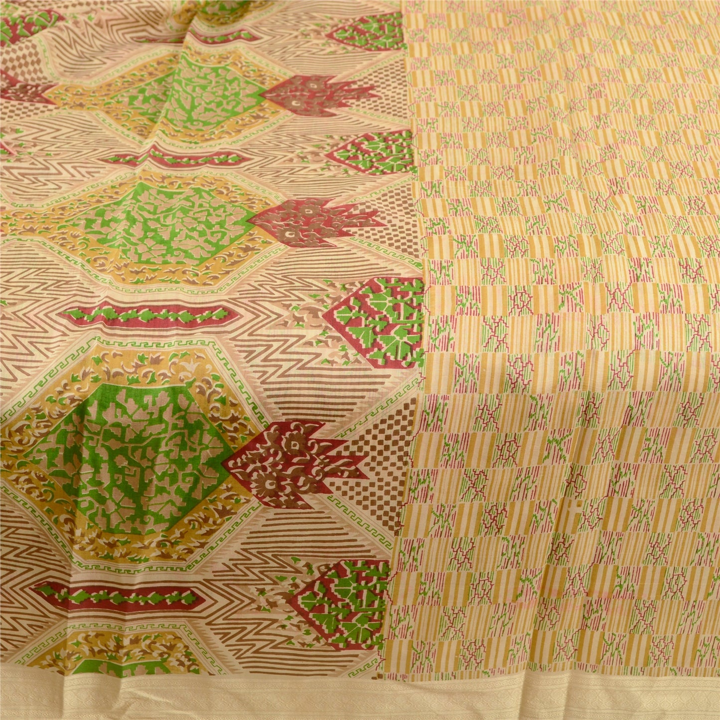 Sanskriti Vintage Sarees Indian Cream 100% Pure Silk Printed Sari Craft Sustainable Fabric