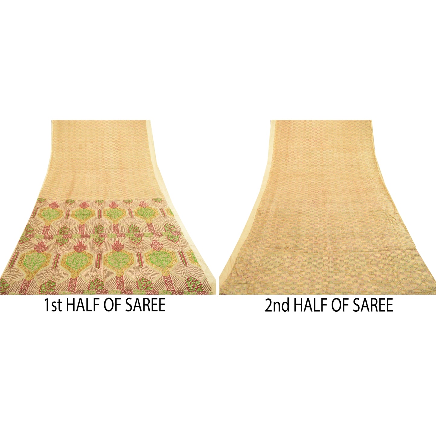 Sanskriti Vintage Sarees Indian Cream 100% Pure Silk Printed Sari Craft Sustainable Fabric