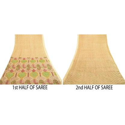Sanskriti Vintage Sarees Indian Cream 100% Pure Silk Printed Sari Craft Sustainable Fabric