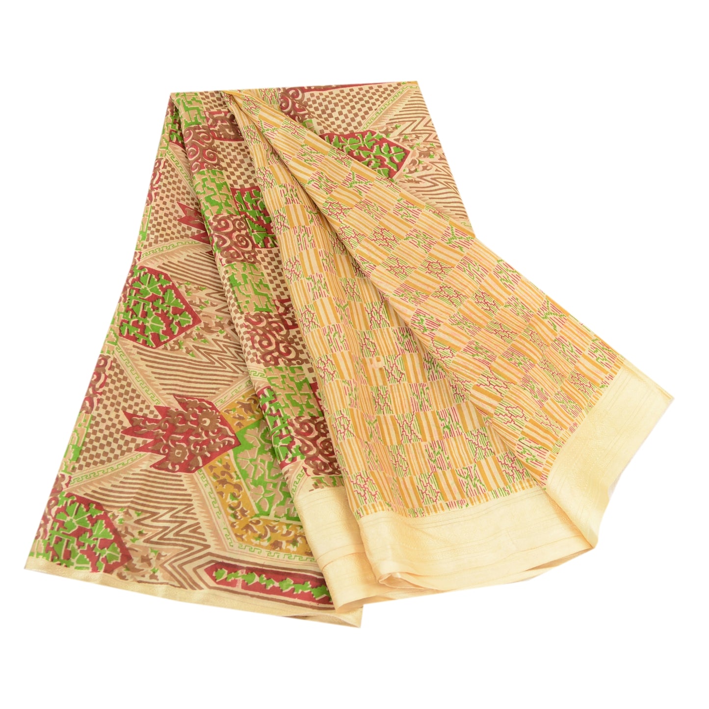 Sanskriti Vintage Sarees Indian Cream 100% Pure Silk Printed Sari Craft Sustainable Fabric
